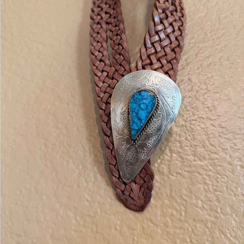 Braided Brown Belt with Silver and Turquoise Buckle - Picture 4 of 4